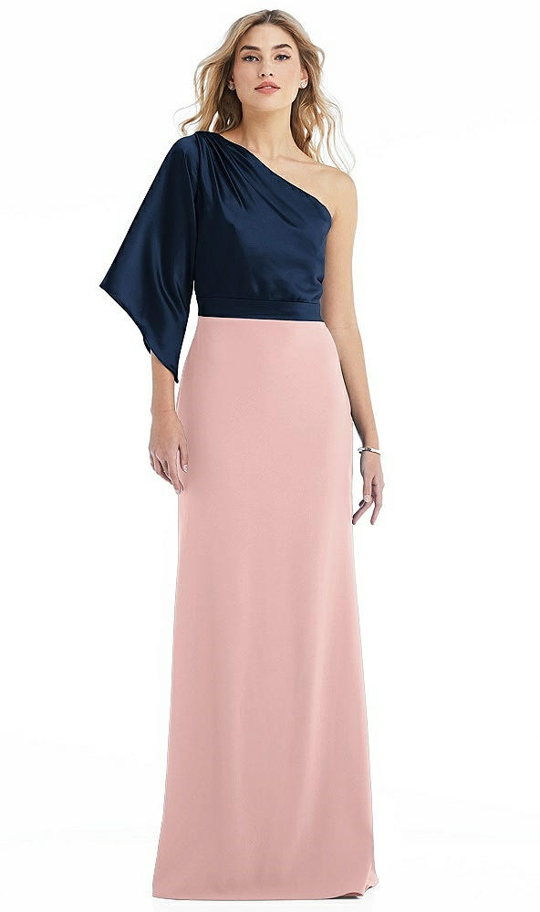 Front View - Rose - PANTONE Rose Quartz & Midnight Navy One-Shoulder Bell Sleeve Trumpet Gown