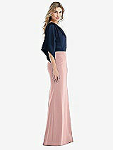 Side View Thumbnail - Rose - PANTONE Rose Quartz & Midnight Navy One-Shoulder Bell Sleeve Trumpet Gown