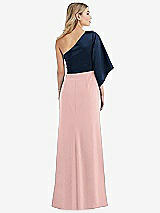 Rear View Thumbnail - Rose - PANTONE Rose Quartz & Midnight Navy One-Shoulder Bell Sleeve Trumpet Gown