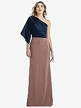 Front View Thumbnail - Sienna & Midnight Navy One-Shoulder Bell Sleeve Trumpet Gown