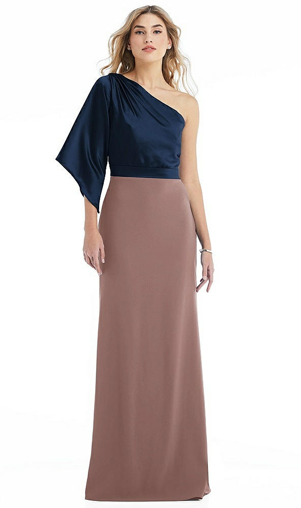 Front View - Sienna & Midnight Navy One-Shoulder Bell Sleeve Trumpet Gown