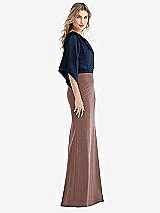 Side View Thumbnail - Sienna & Midnight Navy One-Shoulder Bell Sleeve Trumpet Gown