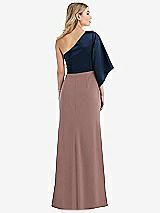 Rear View Thumbnail - Sienna & Midnight Navy One-Shoulder Bell Sleeve Trumpet Gown