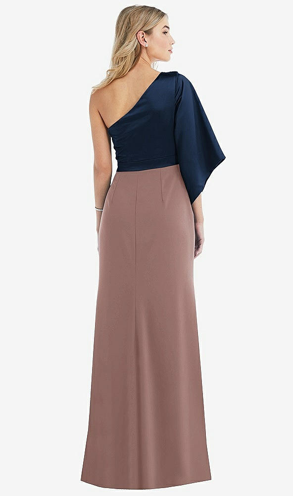 Back View - Sienna & Midnight Navy One-Shoulder Bell Sleeve Trumpet Gown