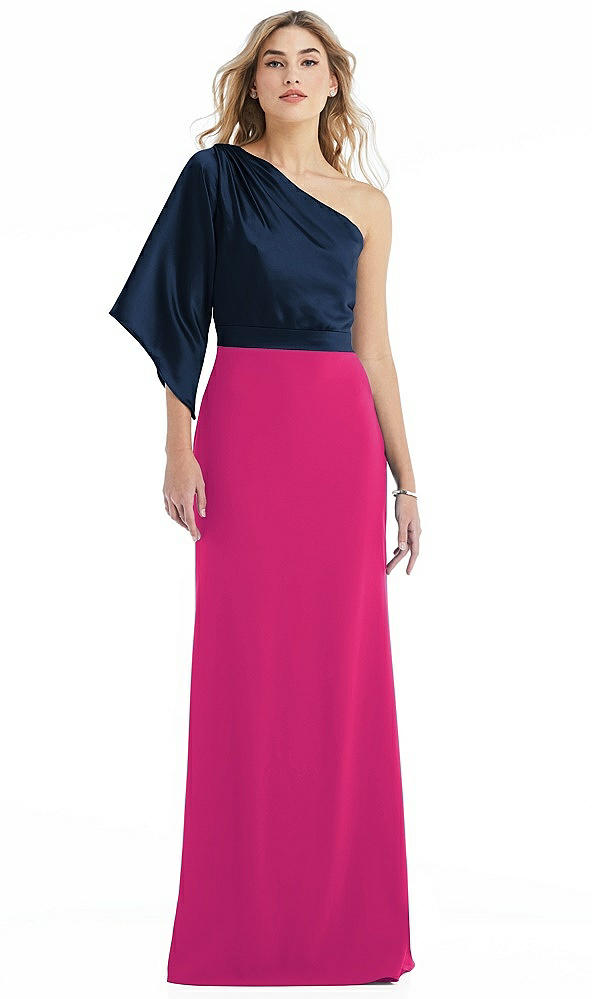 Front View - Think Pink & Midnight Navy One-Shoulder Bell Sleeve Trumpet Gown