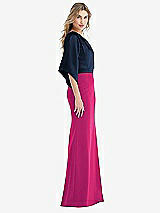 Side View Thumbnail - Think Pink & Midnight Navy One-Shoulder Bell Sleeve Trumpet Gown