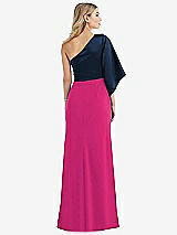Rear View Thumbnail - Think Pink & Midnight Navy One-Shoulder Bell Sleeve Trumpet Gown