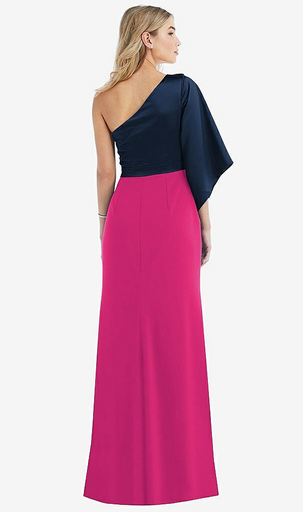 Back View - Think Pink & Midnight Navy One-Shoulder Bell Sleeve Trumpet Gown