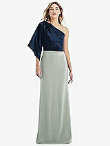 Front View Thumbnail - Willow Green & Midnight Navy One-Shoulder Bell Sleeve Trumpet Gown