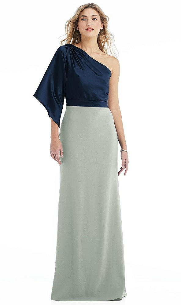 Front View - Willow Green & Midnight Navy One-Shoulder Bell Sleeve Trumpet Gown