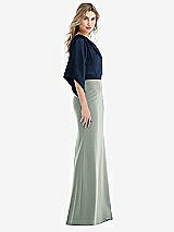Side View Thumbnail - Willow Green & Midnight Navy One-Shoulder Bell Sleeve Trumpet Gown