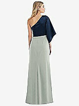 Rear View Thumbnail - Willow Green & Midnight Navy One-Shoulder Bell Sleeve Trumpet Gown