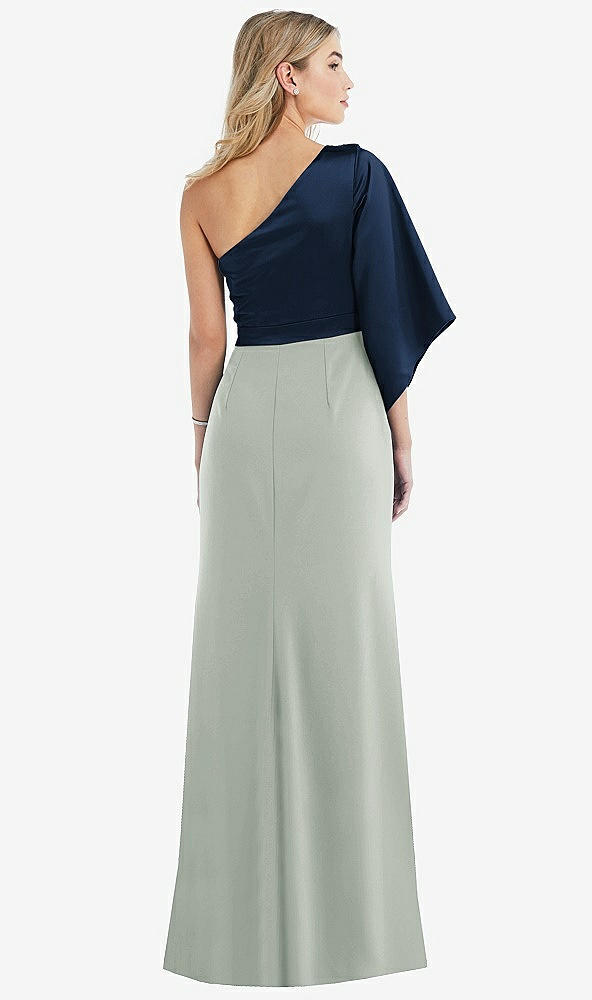 Back View - Willow Green & Midnight Navy One-Shoulder Bell Sleeve Trumpet Gown