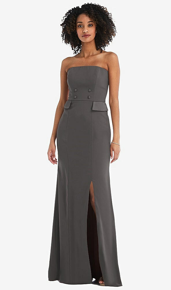 Front View - Caviar Gray Strapless Tuxedo Maxi Dress with Front Slit
