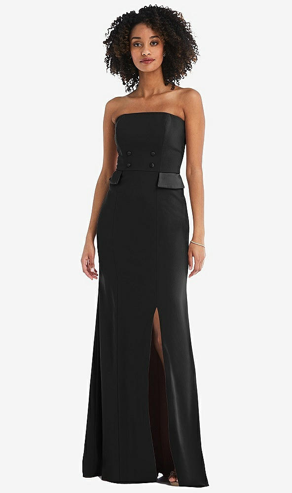 Front View - Black Strapless Tuxedo Maxi Dress with Front Slit