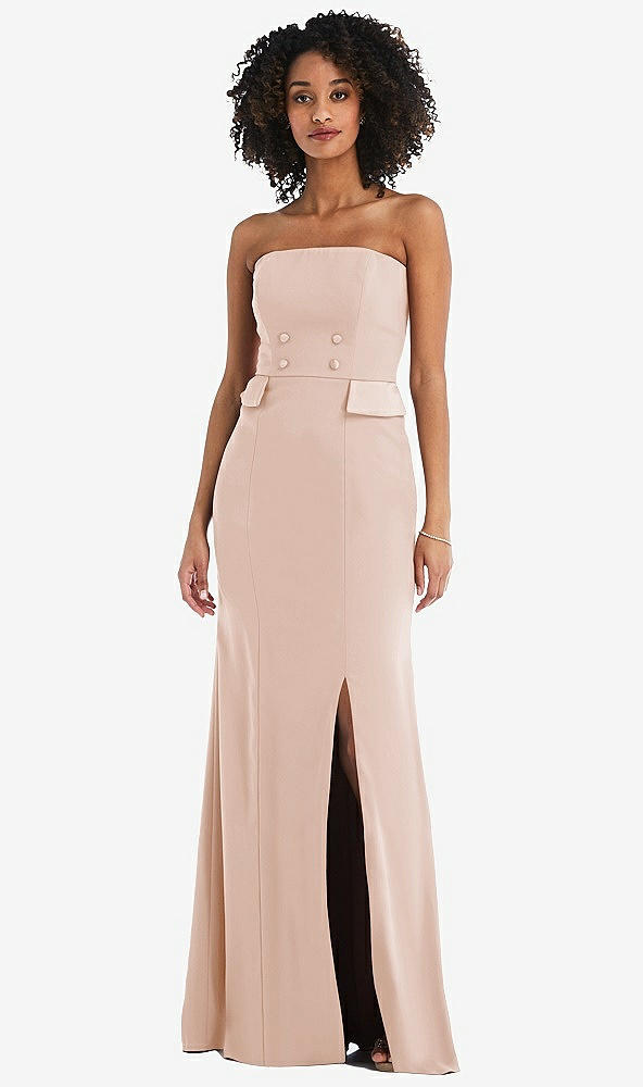 Front View - Cameo Strapless Tuxedo Maxi Dress with Front Slit
