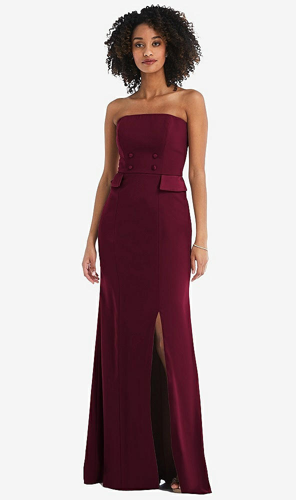 Front View - Cabernet Strapless Tuxedo Maxi Dress with Front Slit