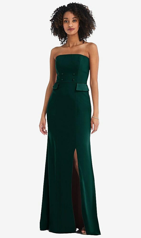 Front View - Evergreen Strapless Tuxedo Maxi Dress with Front Slit
