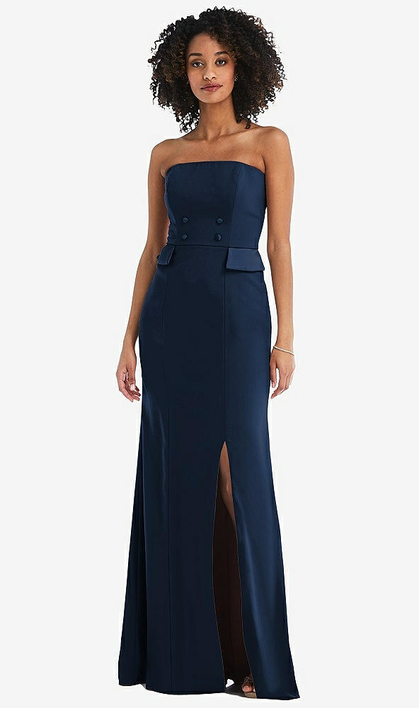 Front View - Midnight Navy Strapless Tuxedo Maxi Dress with Front Slit