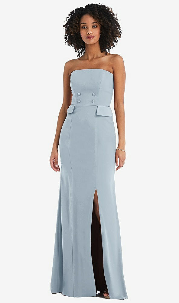 Front View - Mist Strapless Tuxedo Maxi Dress with Front Slit