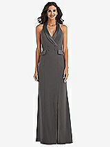 Front View Thumbnail - Caviar Gray Halter Tuxedo Maxi Dress with Front Slit