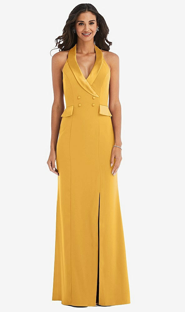 Front View - NYC Yellow Halter Tuxedo Maxi Dress with Front Slit