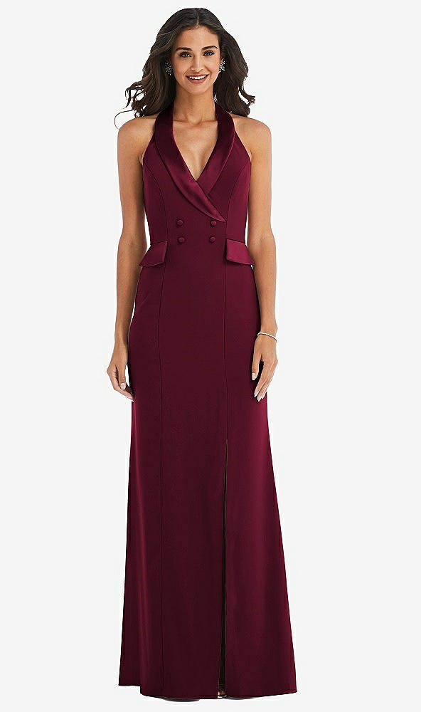 Front View - Cabernet Halter Tuxedo Maxi Dress with Front Slit