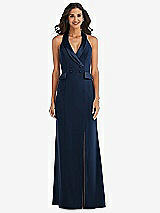 Front View Thumbnail - Midnight Navy Halter Tuxedo Maxi Dress with Front Slit