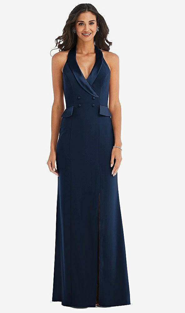 Front View - Midnight Navy Halter Tuxedo Maxi Dress with Front Slit