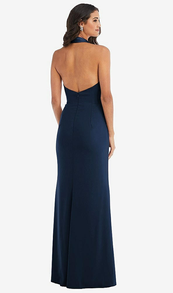 Back View - Midnight Navy Halter Tuxedo Maxi Dress with Front Slit