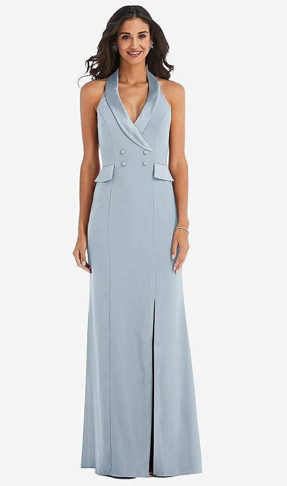 Front View - Mist Halter Tuxedo Maxi Dress with Front Slit