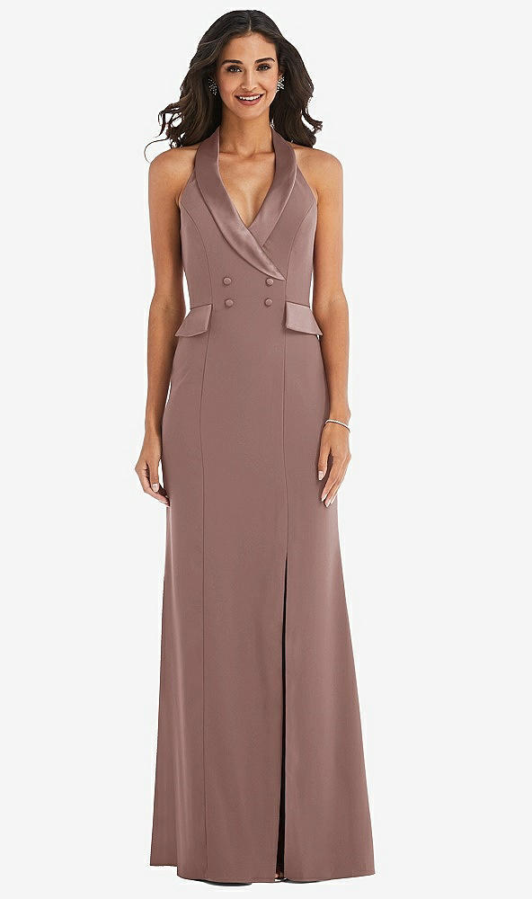 Front View - Sienna Halter Tuxedo Maxi Dress with Front Slit
