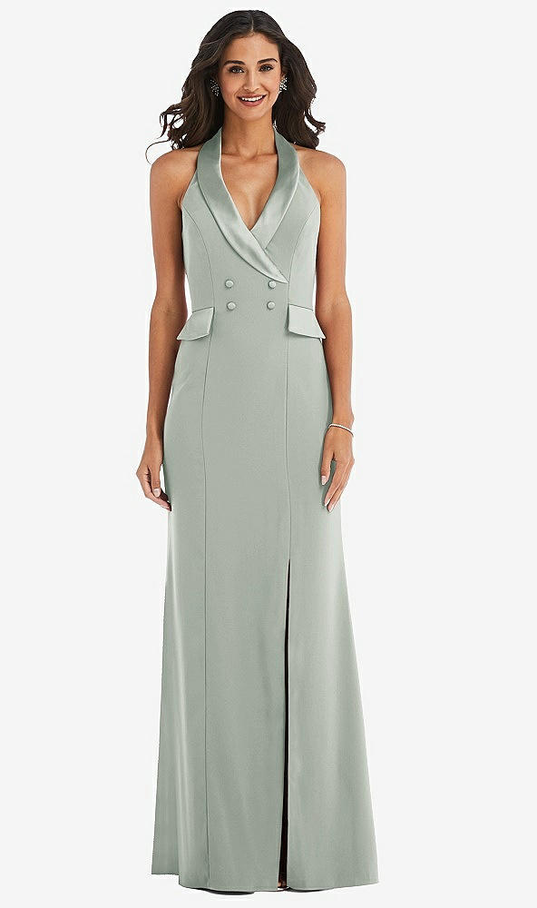 Front View - Willow Green Halter Tuxedo Maxi Dress with Front Slit