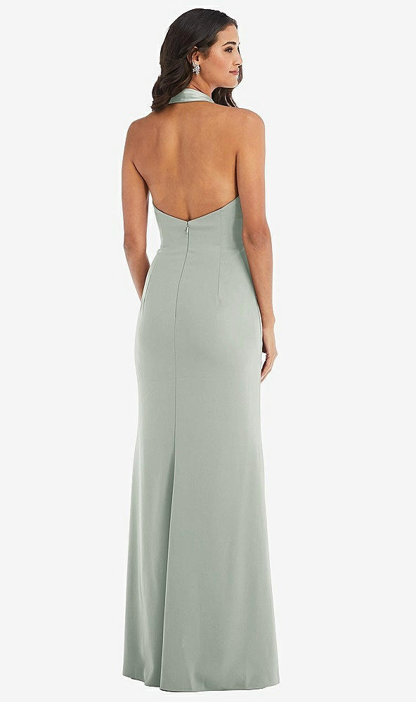 Back View - Willow Green Halter Tuxedo Maxi Dress with Front Slit