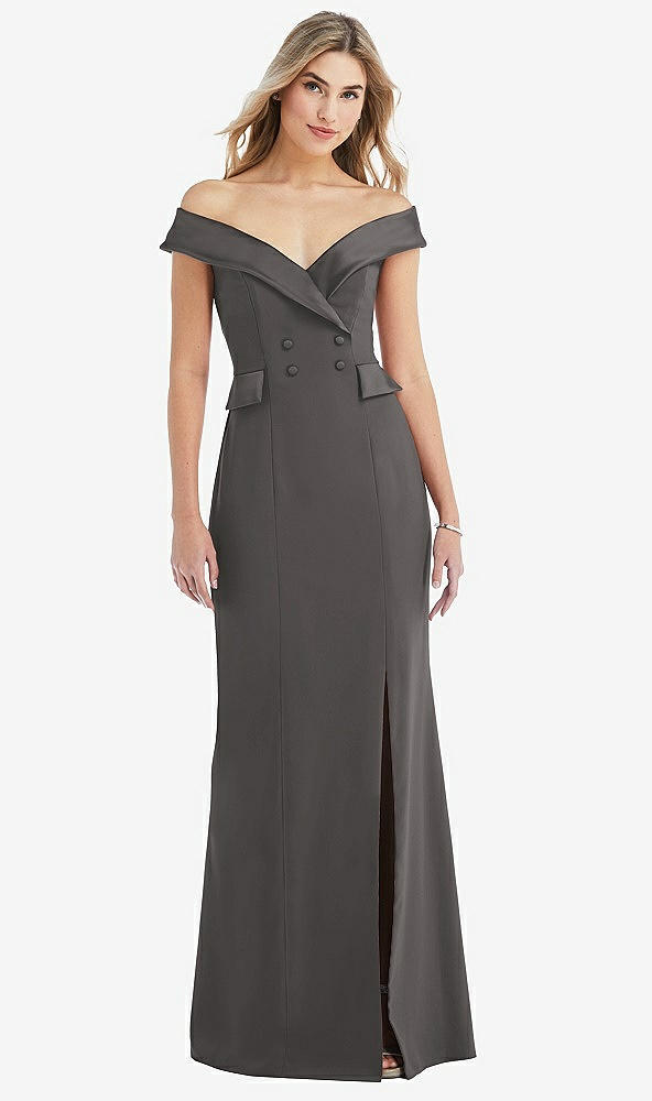 Front View - Caviar Gray Off-the-Shoulder Tuxedo Maxi Dress with Front Slit