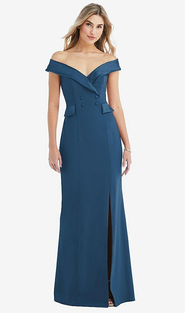 Front View - Dusk Blue Off-the-Shoulder Tuxedo Maxi Dress with Front Slit
