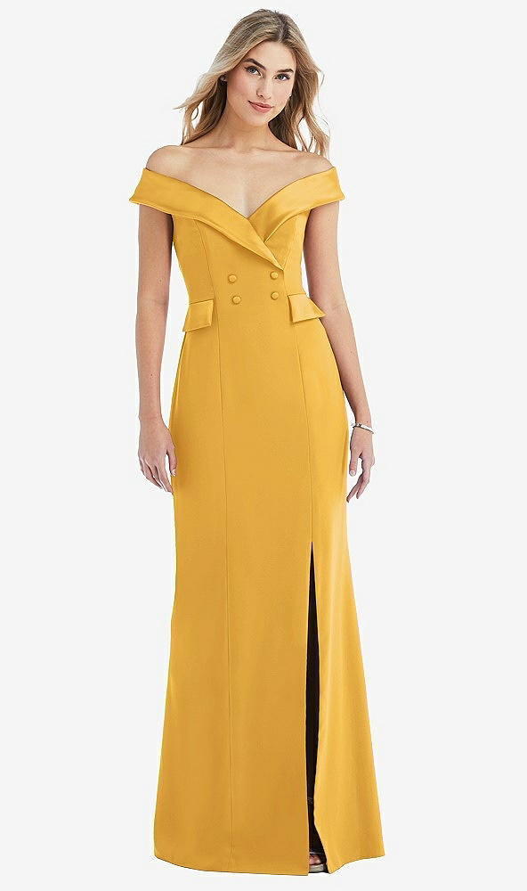 Front View - NYC Yellow Off-the-Shoulder Tuxedo Maxi Dress with Front Slit