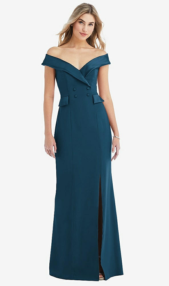 Front View - Atlantic Blue Off-the-Shoulder Tuxedo Maxi Dress with Front Slit