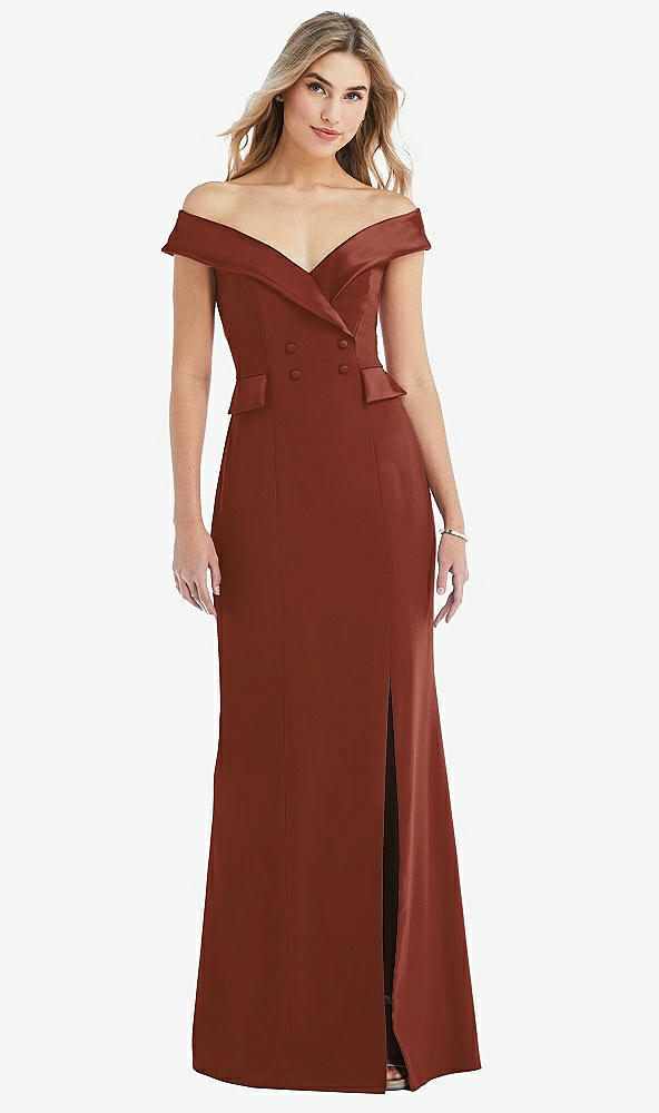 Front View - Auburn Moon Off-the-Shoulder Tuxedo Maxi Dress with Front Slit