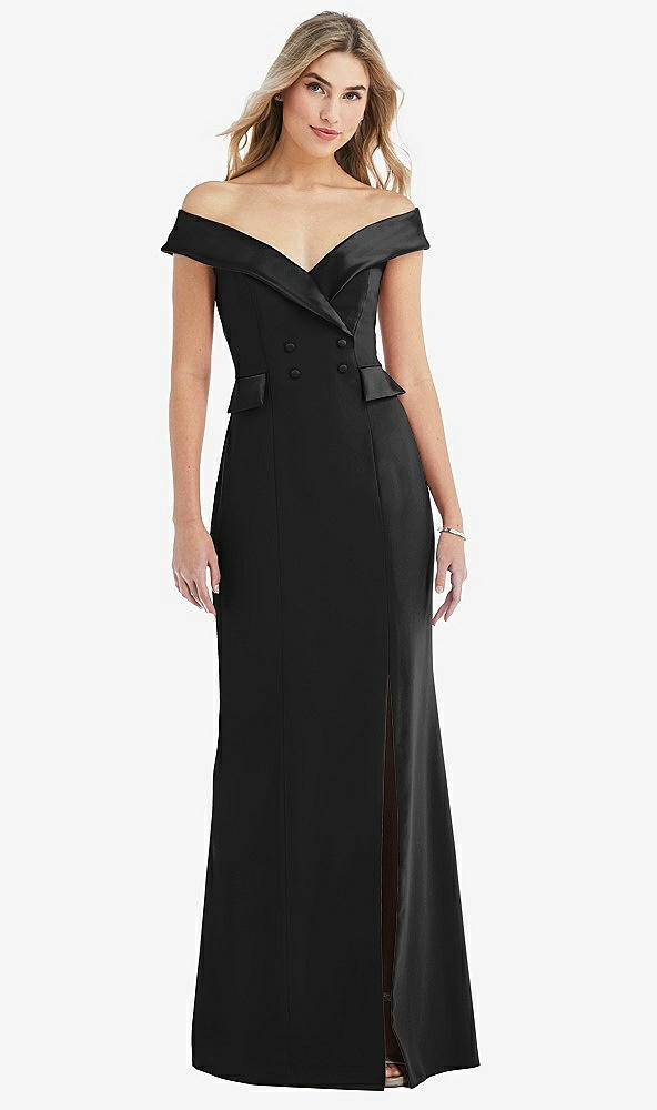 Front View - Black Off-the-Shoulder Tuxedo Maxi Dress with Front Slit