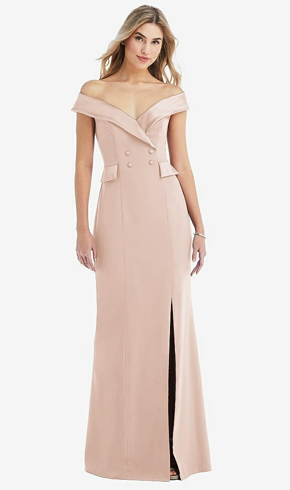 Front View - Cameo Off-the-Shoulder Tuxedo Maxi Dress with Front Slit