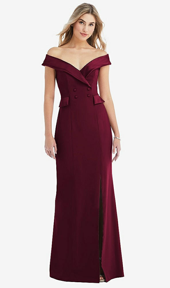 Front View - Cabernet Off-the-Shoulder Tuxedo Maxi Dress with Front Slit