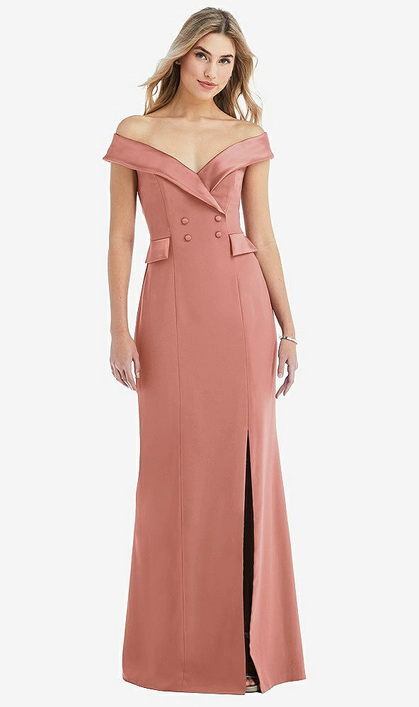 Front View - Desert Rose Off-the-Shoulder Tuxedo Maxi Dress with Front Slit
