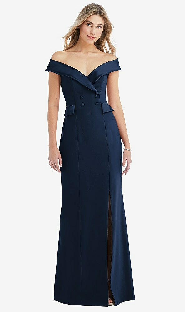 Front View - Midnight Navy Off-the-Shoulder Tuxedo Maxi Dress with Front Slit