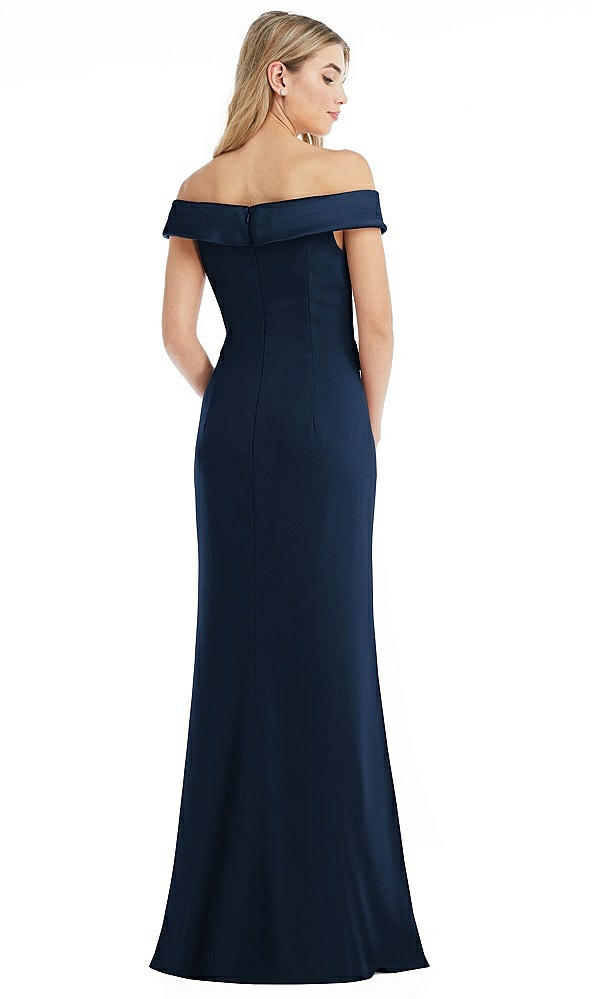 Back View - Midnight Navy Off-the-Shoulder Tuxedo Maxi Dress with Front Slit