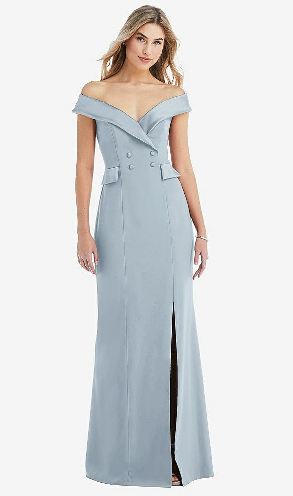 Front View - Mist Off-the-Shoulder Tuxedo Maxi Dress with Front Slit