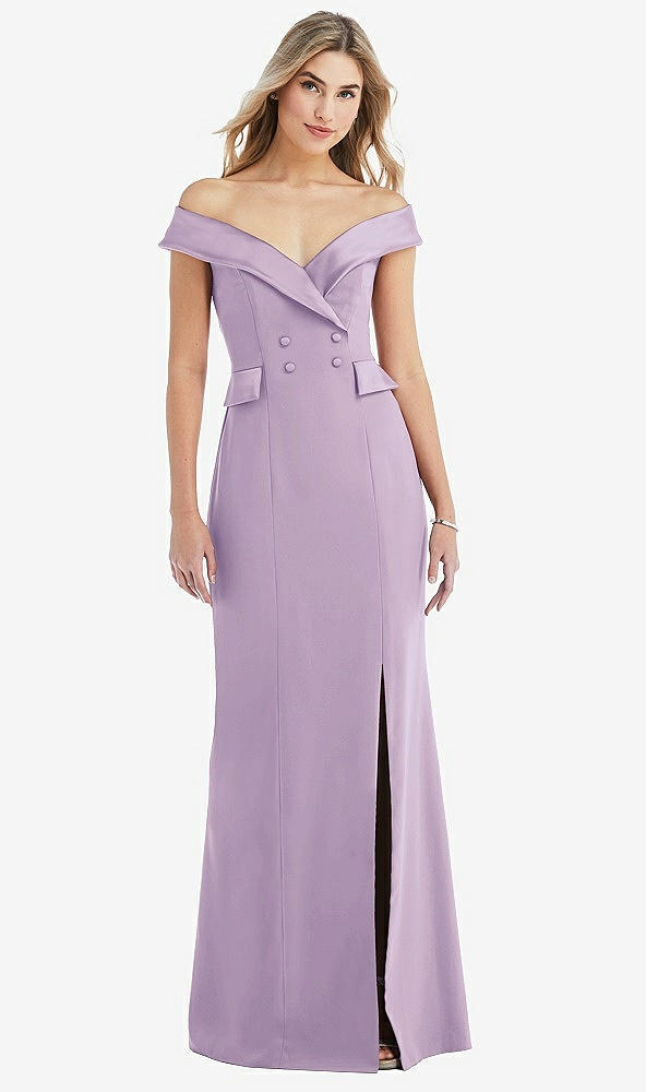 Front View - Pale Purple Off-the-Shoulder Tuxedo Maxi Dress with Front Slit