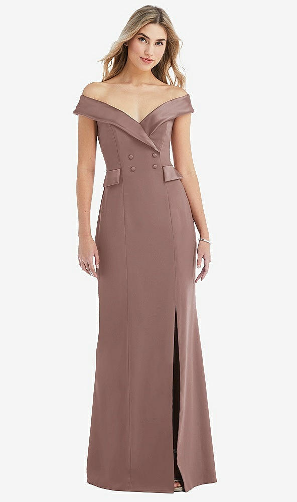 Front View - Sienna Off-the-Shoulder Tuxedo Maxi Dress with Front Slit
