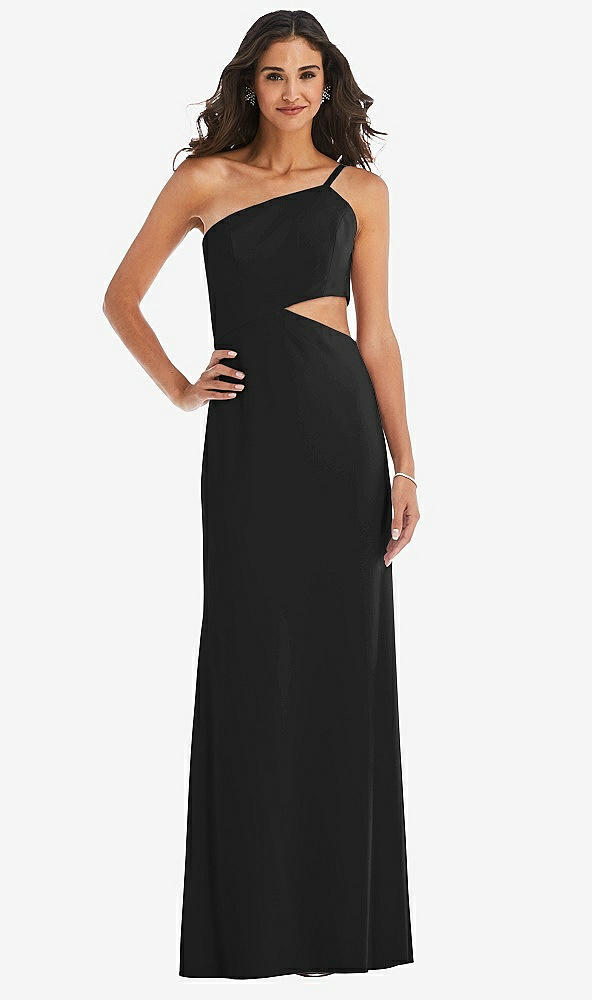 Front View - Black One-Shoulder Midriff Cutout Maxi Dress