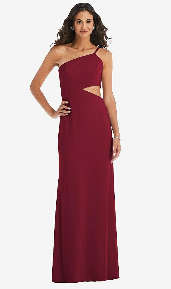 Front View - Burgundy One-Shoulder Midriff Cutout Maxi Dress